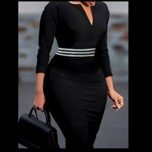 Plus Size Bodycon V-Neck Stripe Pattern Dress - Elegant Long Sleeve, Slight Stre